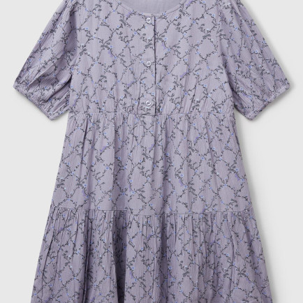 Kız Çocuk Mor Viskozlu Desenli Önü Düğmeli Pileli Katlı Kısa Kollu Elbise