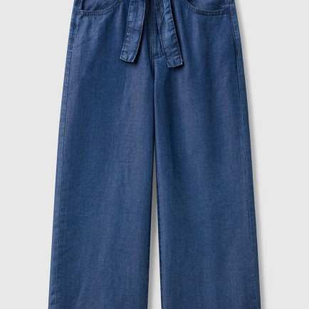 Kız Çocuk Koyu Denim %100 Liyosel Beli Kuşaklı Wide Fit Denim Pantolon Kız Çocuk Koyu Denim %100 Liyosel Beli Kuşaklı Wide Fit Denim Pantolon