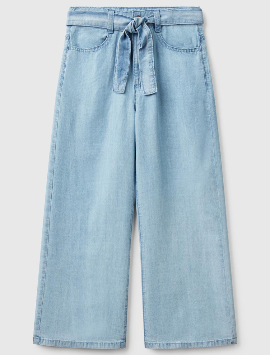 Kız Çocuk Açık Denim %100 Liyosel Beli Kuşaklı Wide Fit Denim Pantolon Kız Çocuk Açık Denim %100 Liyosel Beli Kuşaklı Wide Fit Denim Pantolon