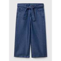 Kız Çocuk Koyu Denim %100 Liyosel Taş Yıkama Kuşaklı Wide Leg Denim Pantolon