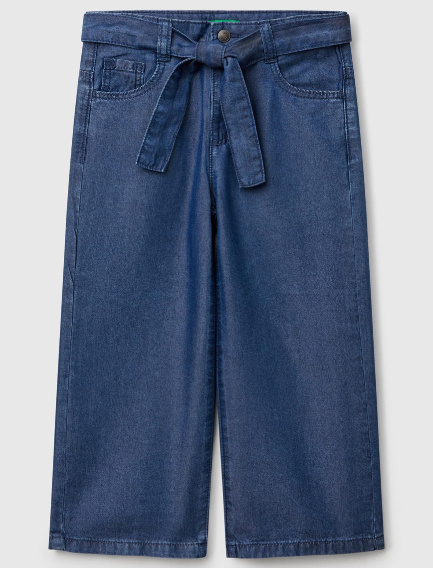 Kız Çocuk Açık Denim %100 Liyosel Taş Yıkama Kuşaklı Wide Leg Denim Pantolon