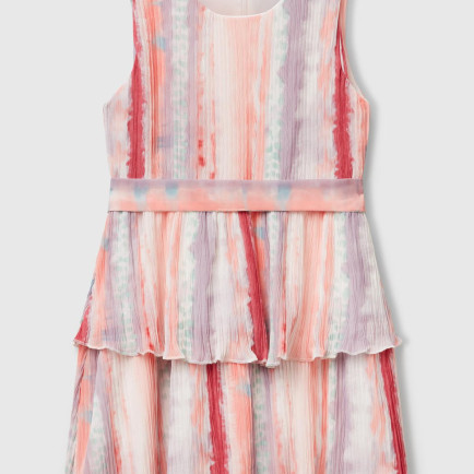 Kız Çocuk Renkli Tamamı Desenli Pileli Kuşaklı Kolsuz Katlı Elbise