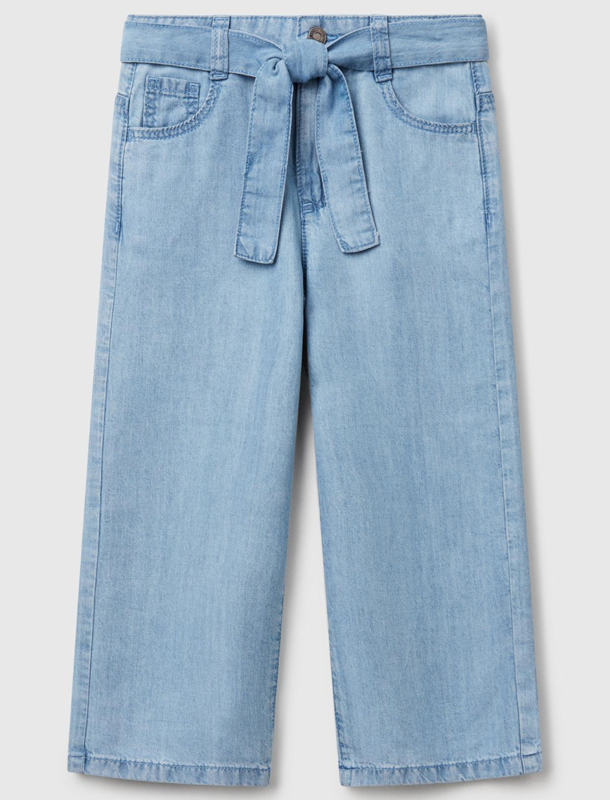 Kız Çocuk Açık Denim %100 Liyosel Taş Yıkama Kuşaklı Wide Leg Denim Pantolon