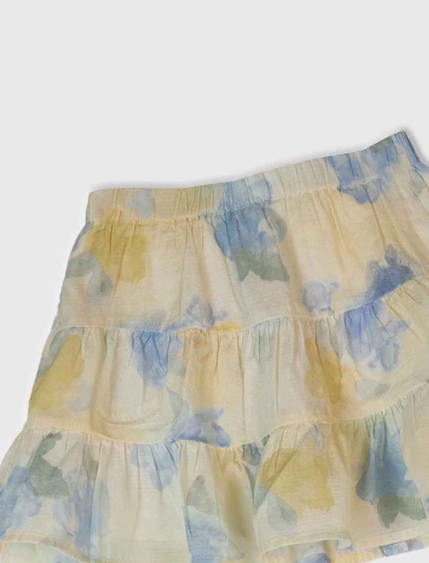 Kız Çocuk Sarı Mavi Tamamı Desenli Beli Lastikli Katlı Etek Kız Çocuk Sarı Mavi Tamamı Desenli Beli Lastikli Katlı Etek