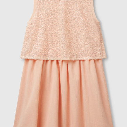 Kız Çocuk Yavruağzı Üstü Pullu Kumaşlı Astarlı Pileli Tül Etekli Kolsuz Elbise