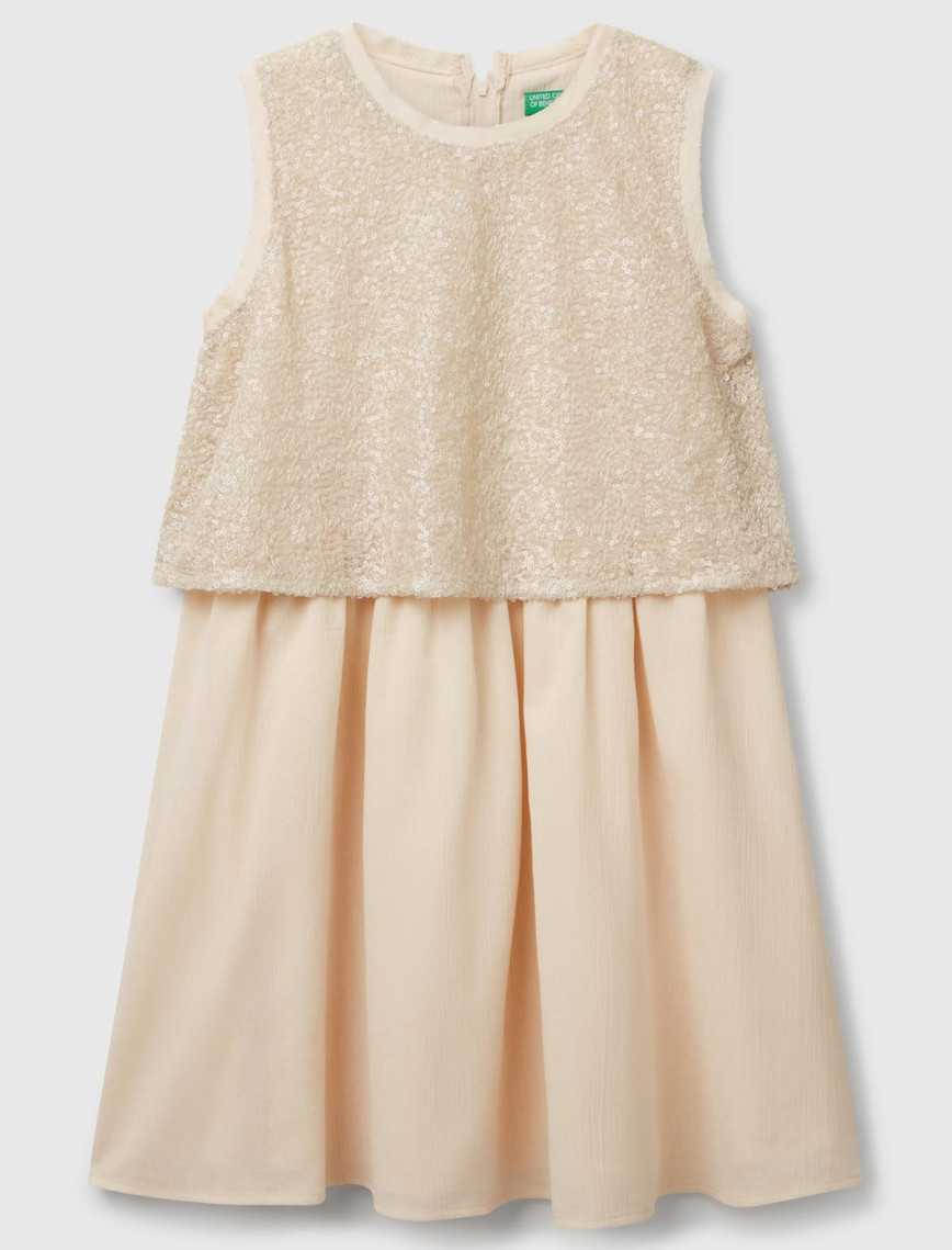 Kız Çocuk Ekru Üstü Pullu Kumaşlı Astarlı Pileli Tül Etekli Kolsuz Elbise Kız Çocuk Ekru Üstü Pullu Kumaşlı Astarlı Pileli Tül Etekli Kolsuz Elbise