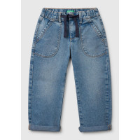 Erkek Çocuk Açık Denim Beli Büzgü İpli Yama Cepli Denim Havuç Pantolon