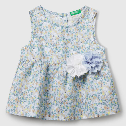 Kız Çocuk Mavi Keten Karışımlı Tamamı Desenli Çiçek Aplikeli Arkası Düğmeli Kolsuz Gömlek Kız Çocuk Mavi Keten Karışımlı Tamamı Desenli Çiçek Aplikeli Arkası Düğmeli Kolsuz Gömlek