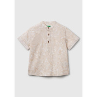 Erkek Çocuk Ekru Keten Karışımlı Tamamı Desenli Önü Düğme Detaylı Hakim Yaka Gömlek