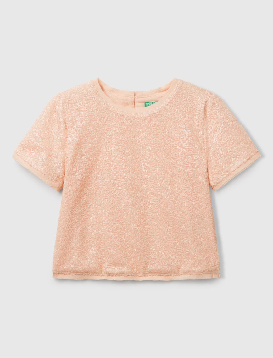 Kız Çocuk Yavruağzı Payetli Tül Astarlı Arkası Tek Düğmeli Kısa Kollu Bluz Kız Çocuk Yavruağzı Payetli Tül Astarlı Arkası Tek Düğmeli Kısa Kollu Bluz