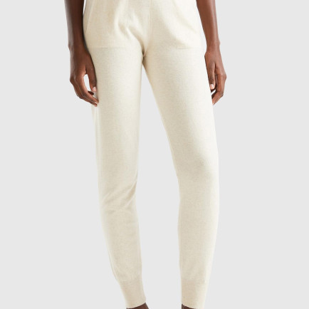 Kadın Bej Paçası Lastikli Kaşmir Karışım Pantolon