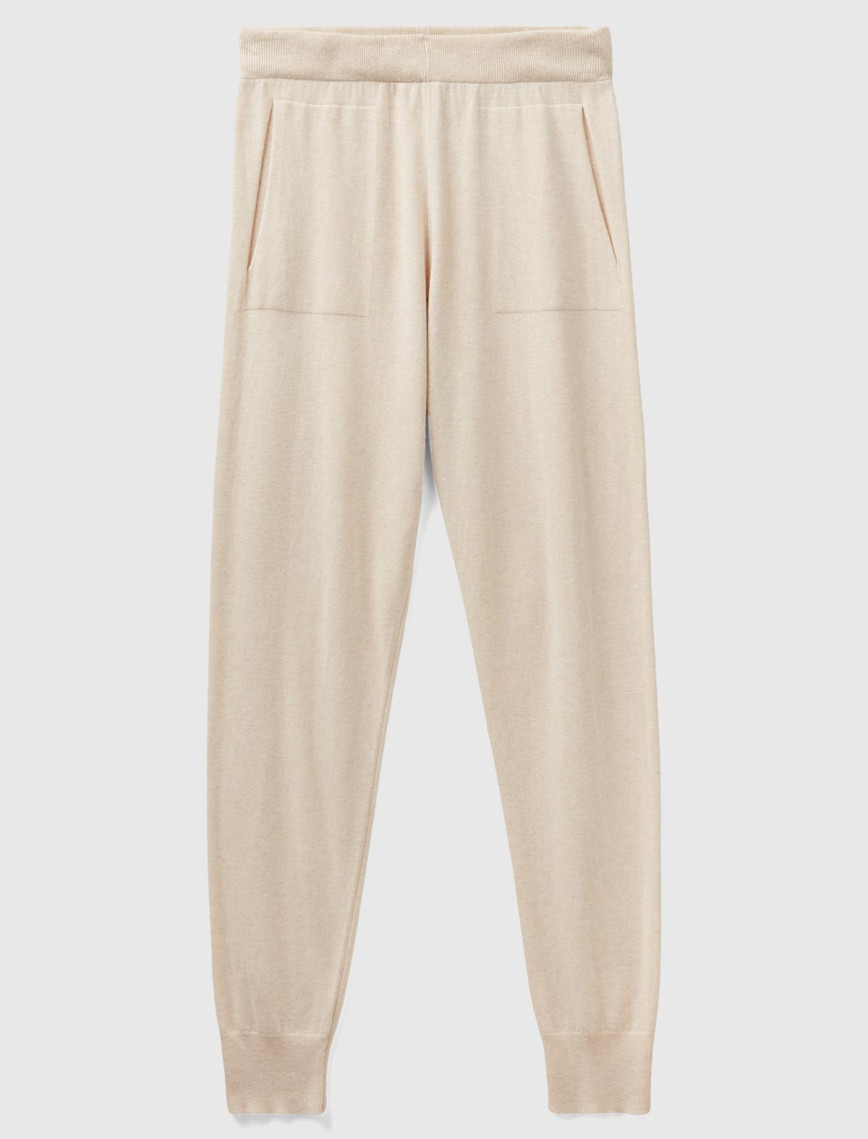 Kadın Bej Paçası Lastikli Kaşmir Karışım Pantolon Kadın Bej Paçası Lastikli Kaşmir Karışım Pantolon