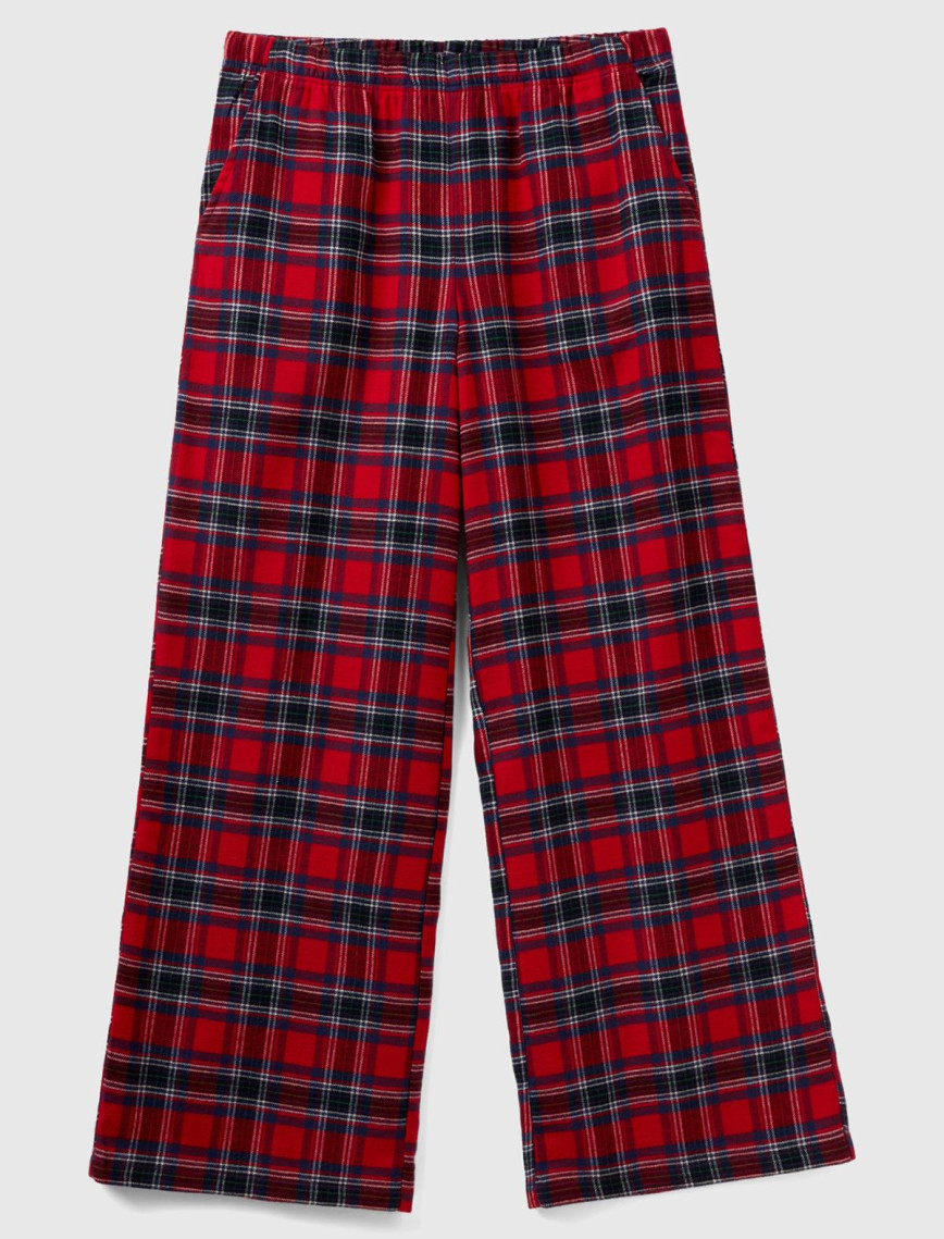 Kadın Kırmızı Mix Ekose Desenli Geniş Paça Pantolon Kadın Kırmızı Mix Ekose Desenli Geniş Paça Pantolon