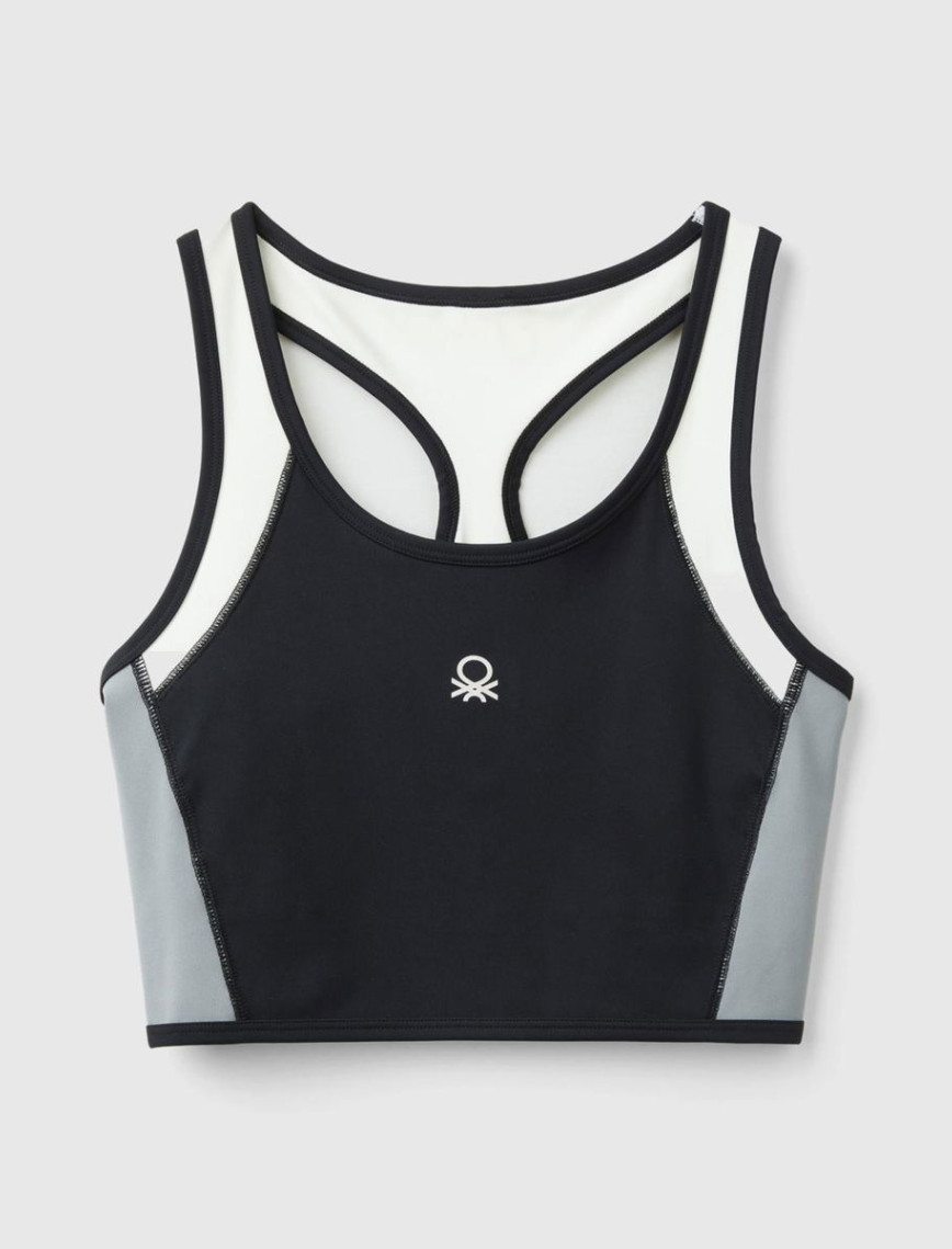 Kadın Siyah Önü Logo Baskılı Kontrast Renk Detaylı Crop Atlet