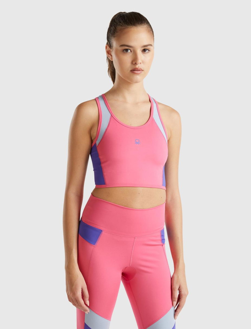 Kadın Pembe Önü Logo Baskılı Kontrast Renk Detaylı Crop Atlet