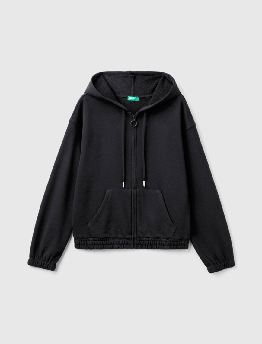 Kadın Siyah Pamuk Karışımlı Etek Ucu Logo Etiketli Kapüşonlu Sweatshirt Kadın Siyah Pamuk Karışımlı Etek Ucu Logo Etiketli Kapüşonlu Sweatshirt