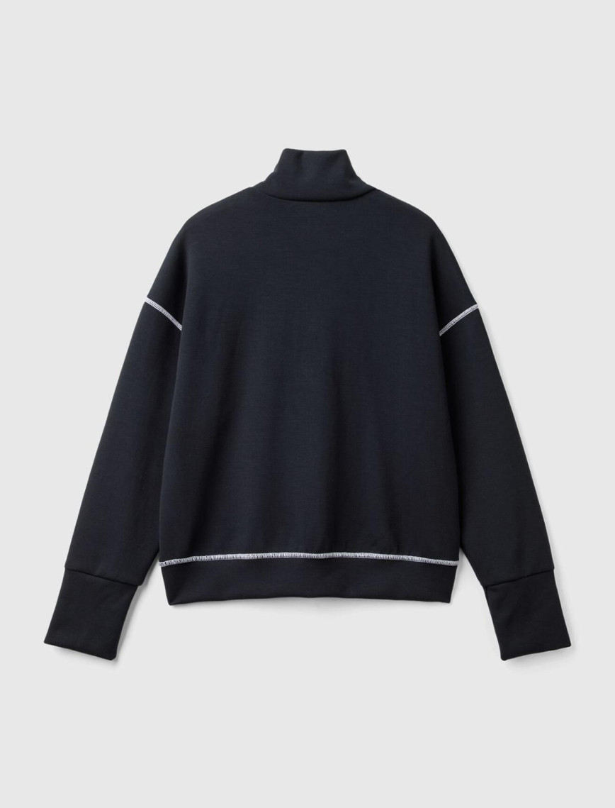 Kadın Siyah Modal Karışımlı Önü Fermuarlı Yüksek Yaka Sweatshirt Kadın Siyah Modal Karışımlı Önü Fermuarlı Yüksek Yaka Sweatshirt