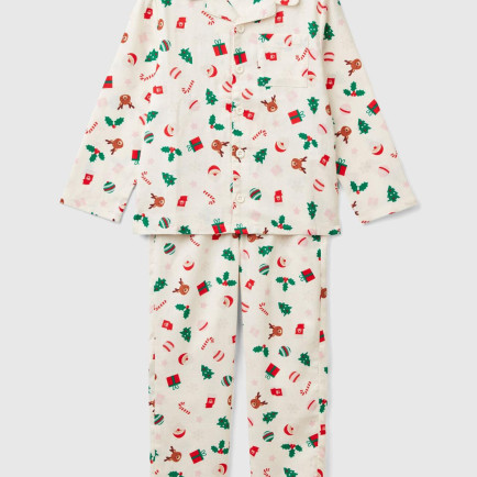 Erkek Çocuk Beyaz Tamamı Desenli Göğüs Cepli Altı Elastik Belli Pijama Takımı