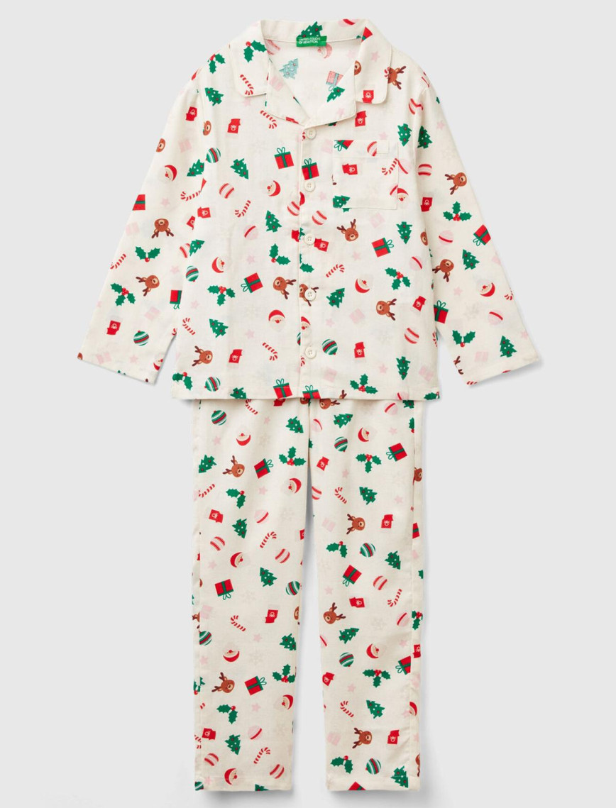 Erkek Çocuk Beyaz Tamamı Desenli Göğüs Cepli Altı Elastik Belli Pijama Takımı