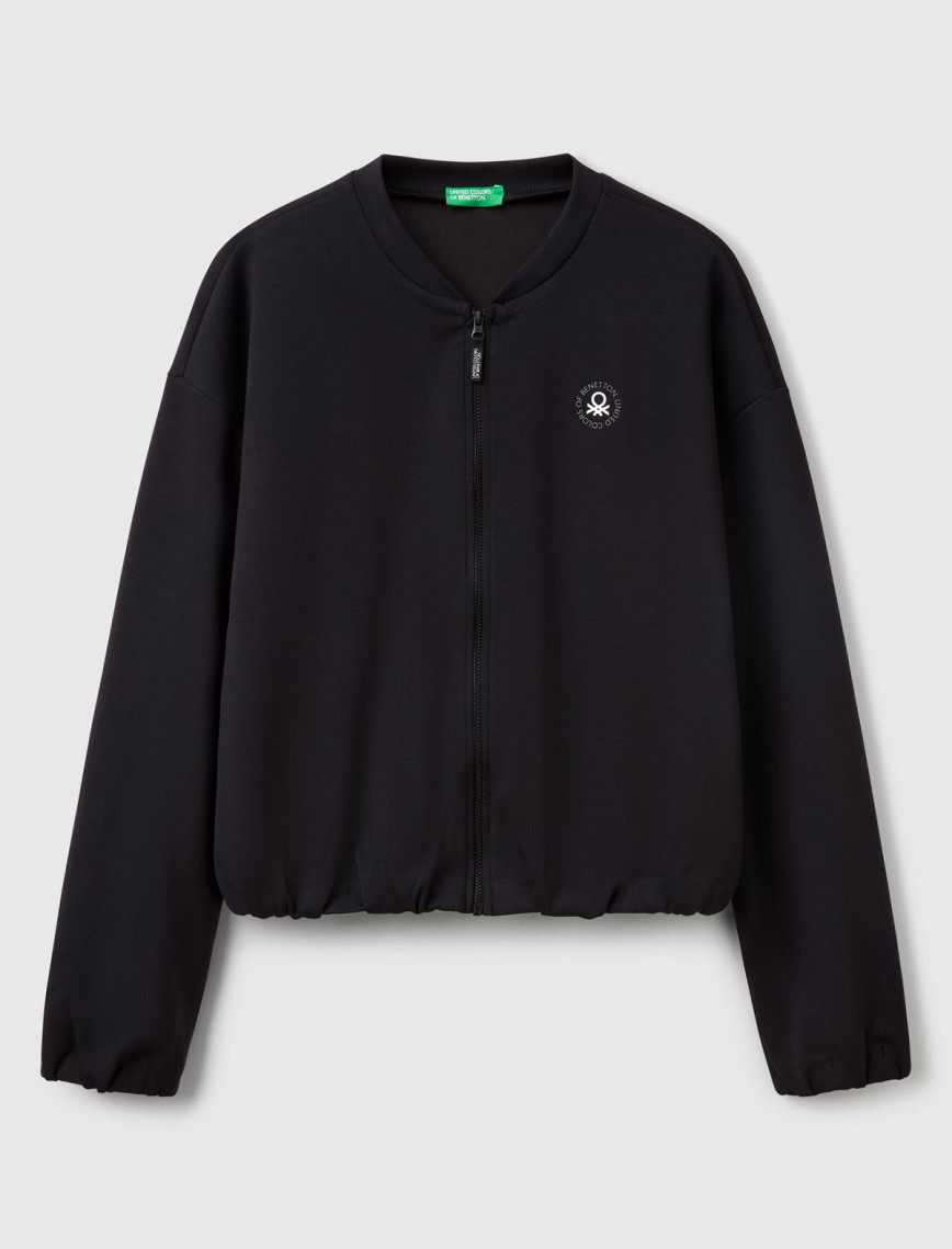 Kadın Siyah Logo Baskılı Önü Fermuarlı Beli Lastikli Sweatshirt Kadın Siyah Logo Baskılı Önü Fermuarlı Beli Lastikli Sweatshirt