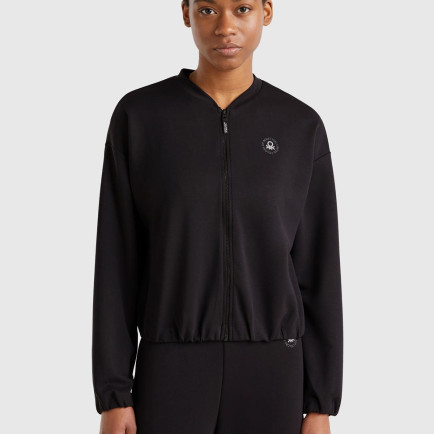 Kadın Siyah Logo Baskılı Önü Fermuarlı Beli Lastikli Sweatshirt