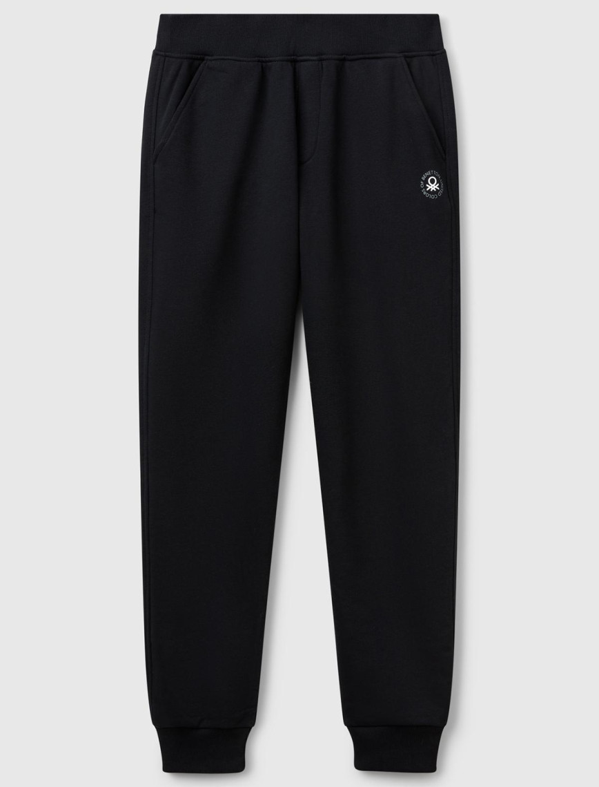 Kadın Siyah Pamuk Karışımlı Logo Baskılı Beli Lastikli Jogger Eşofman Altı