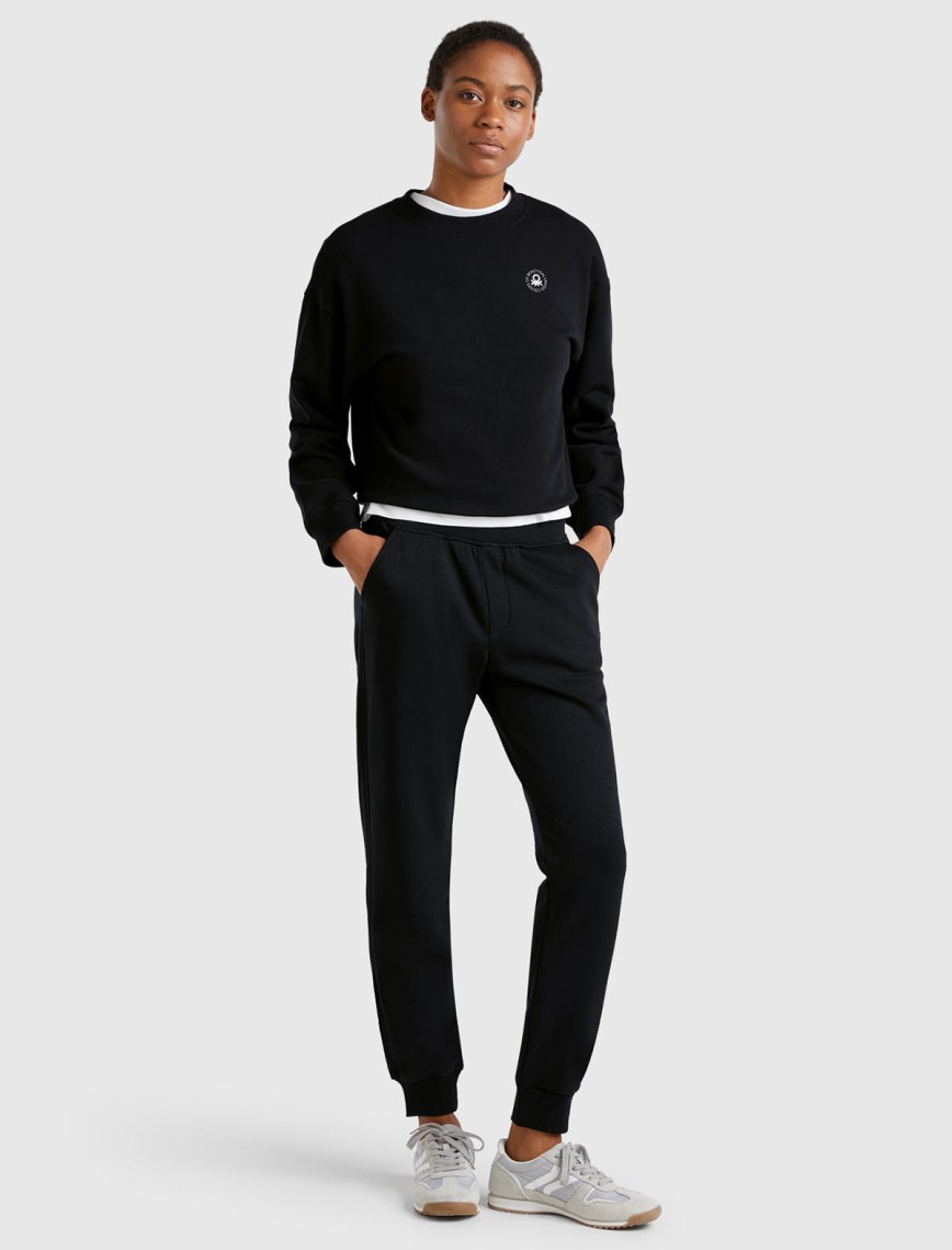 Kadın Siyah Pamuk Karışımlı Logo Baskılı Beli Lastikli Jogger Eşofman Altı