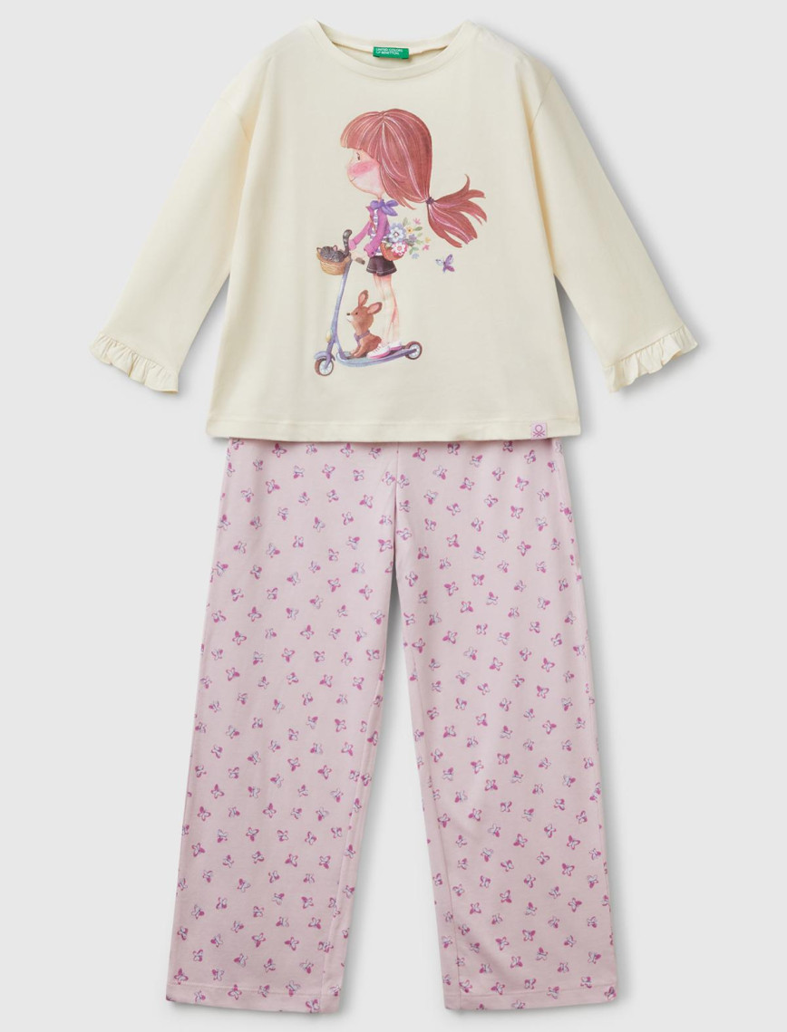 Kız Çocuk Pembe Baskılı Kolları Fırfırlı Üst ve Desenli Alt Pijama Takımı Kız Çocuk Pembe Baskılı Kolları Fırfırlı Üst ve Desenli Alt Pijama Takımı