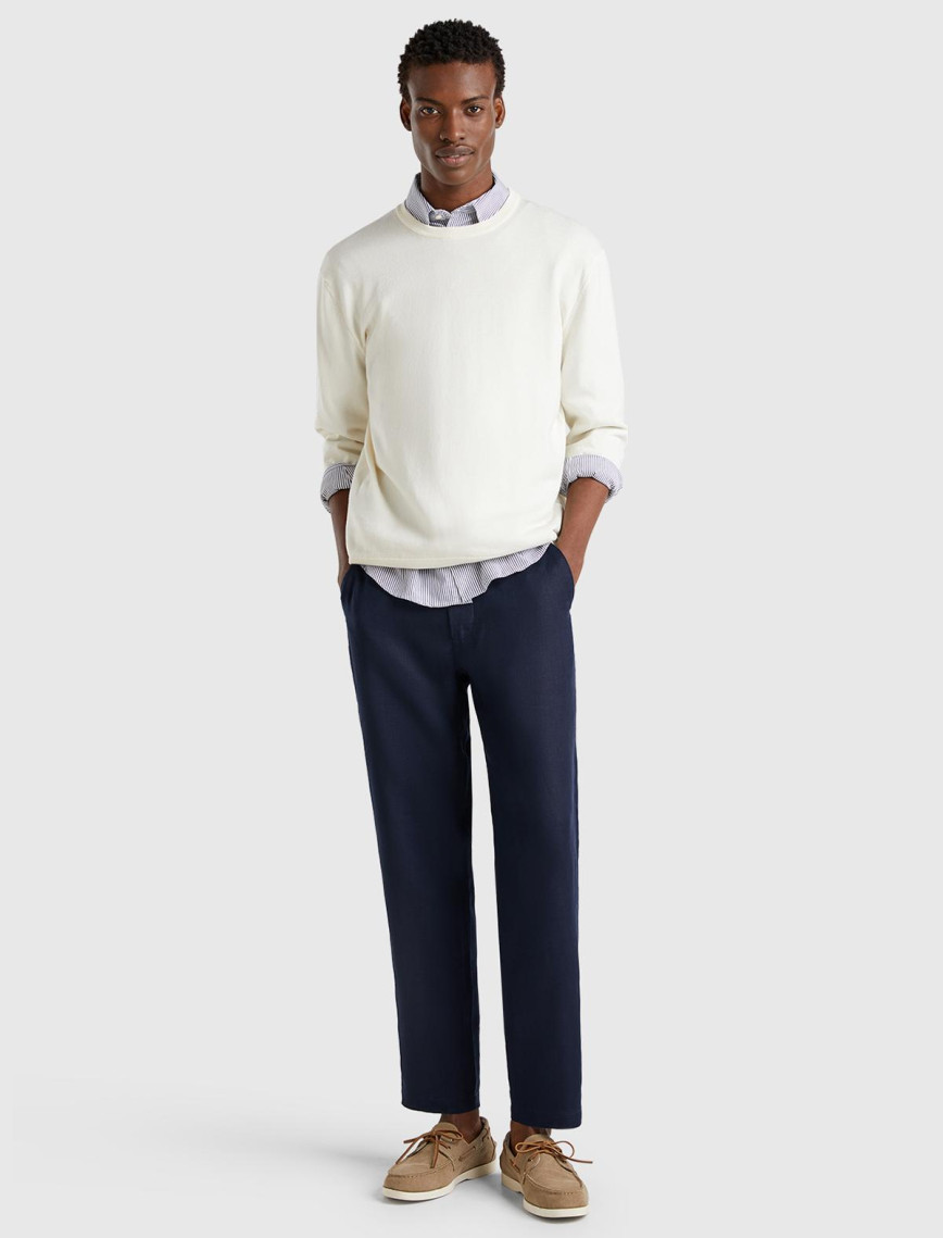 Erkek Lacivert %100 Keten Beli İpli Pantolon