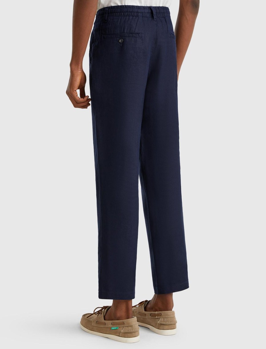 Erkek Lacivert %100 Keten Beli İpli Pantolon