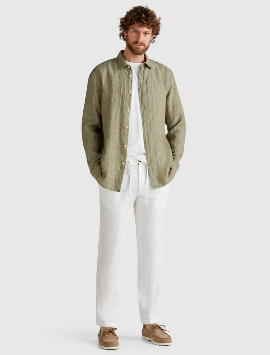 Erkek Beyaz %100 Keten Beli İpli Pantolon