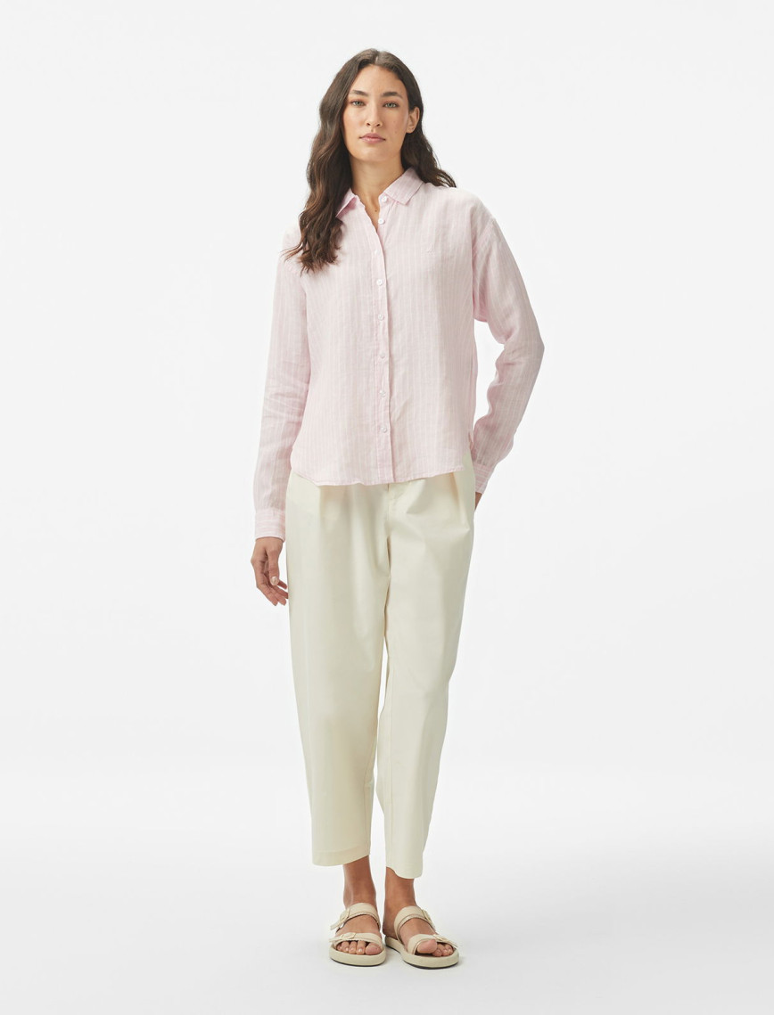 Nautica Kadın Pembe Regular Fit Keten Çizgili Gömlek