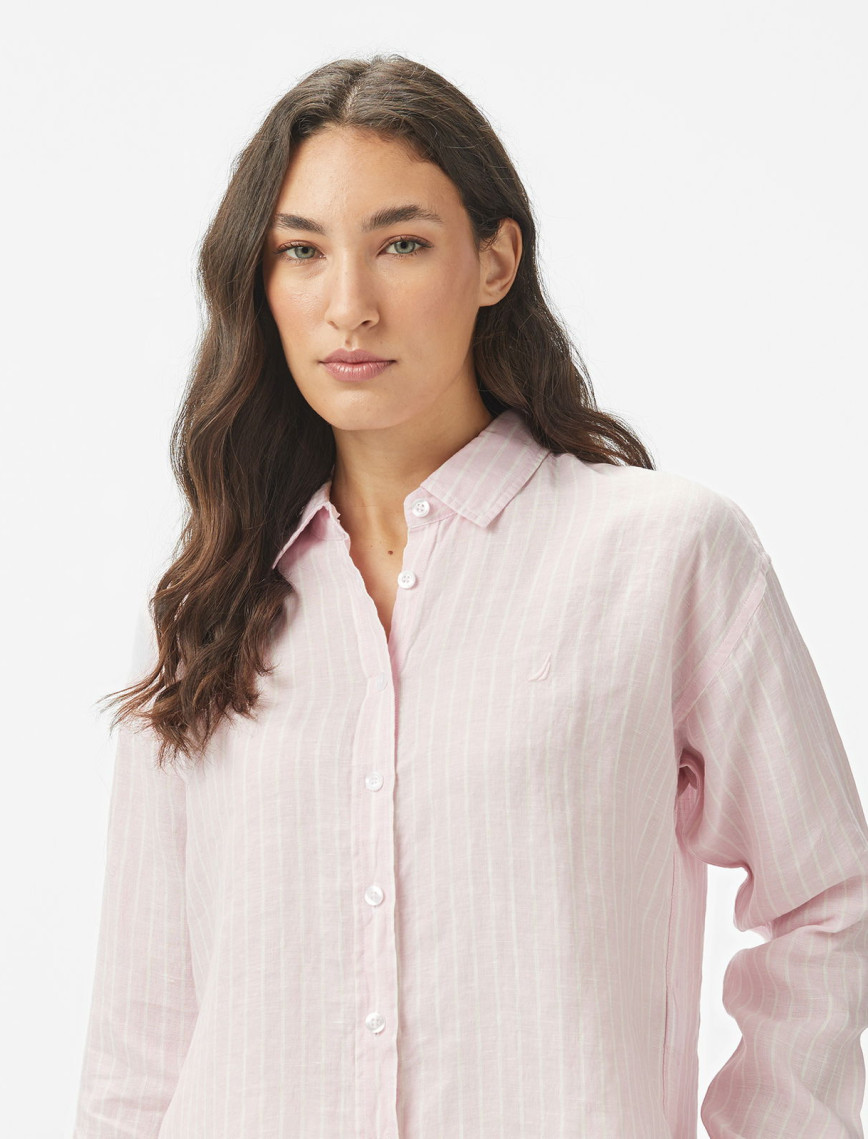 Nautica Kadın Pembe Regular Fit Keten Çizgili Gömlek