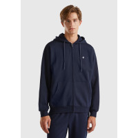 Erkek Lacivert %100 Pamuk Dar Kesim Fermuarlı Kapüşonlu Sweatshirt