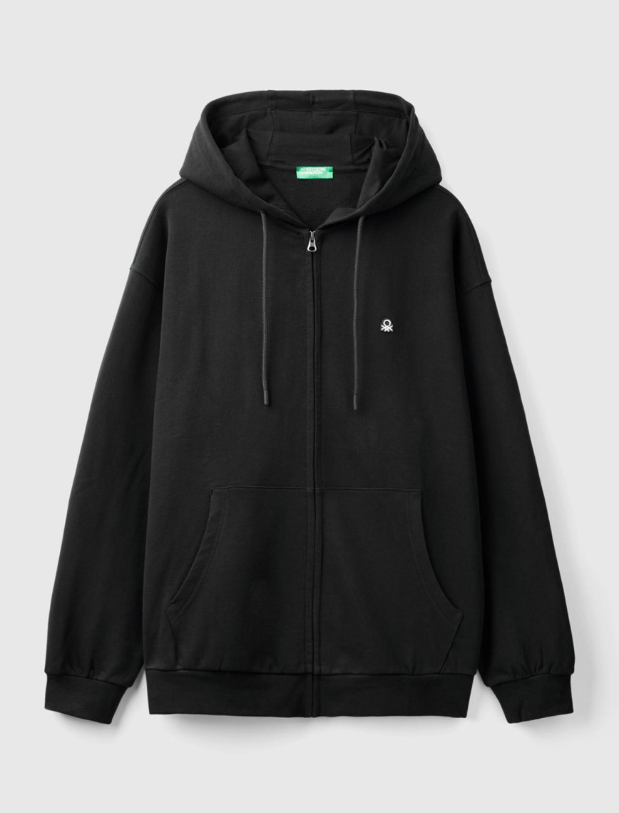 Erkek Siyah %100 Pamuk Dar Kesim Fermuarlı Kapüşonlu Sweatshirt