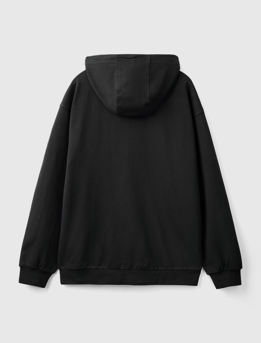 Erkek Siyah %100 Pamuk Dar Kesim Fermuarlı Kapüşonlu Sweatshirt