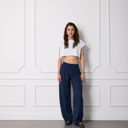 %100 Keten Beli Lastikli Pantolon