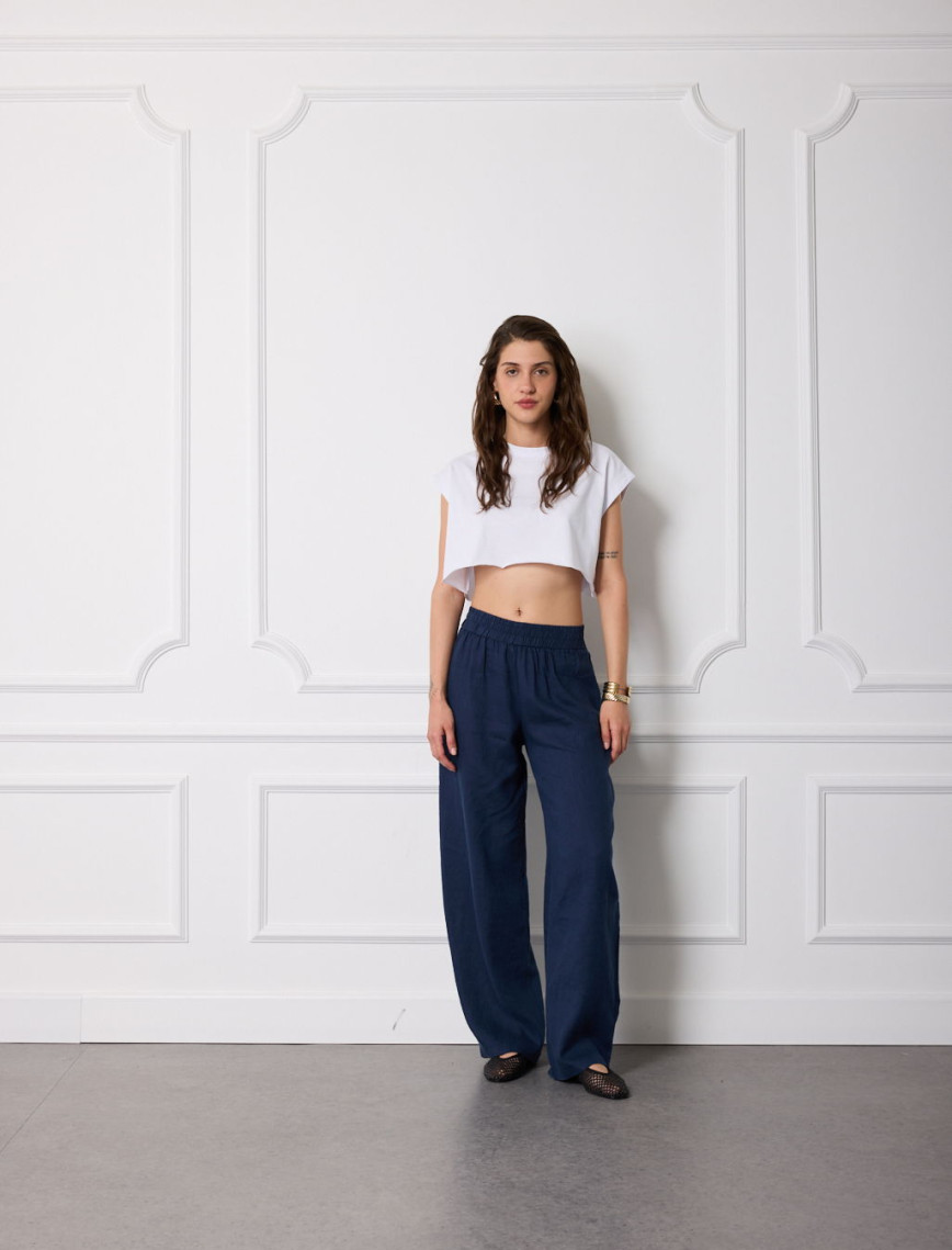 %100 Keten Beli Lastikli Pantolon