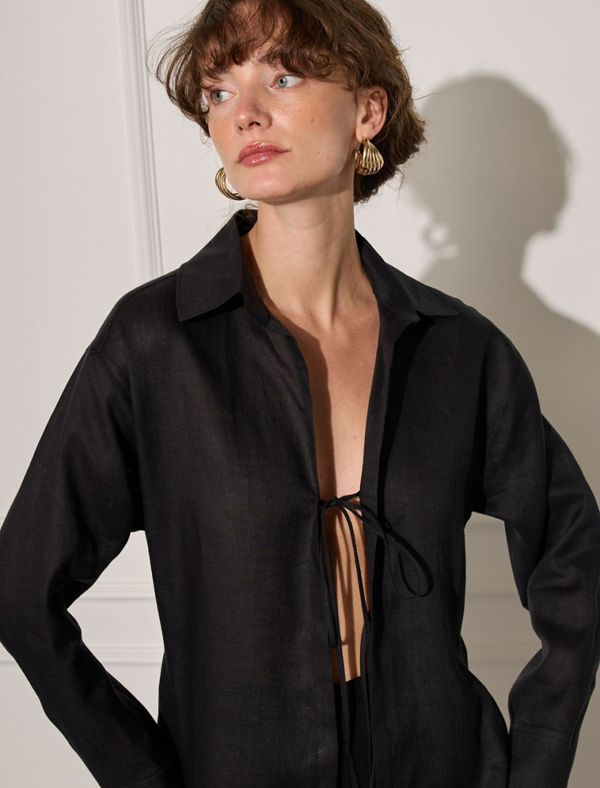 %100 Keten Bağlama Detaylı Gömlek %100 Keten Bağlama Detaylı Gömlek