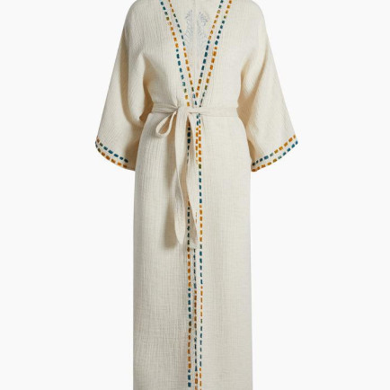 İKİKIZ Crinkle Linen Renkli Baskılı Kimono Kadın Naturel