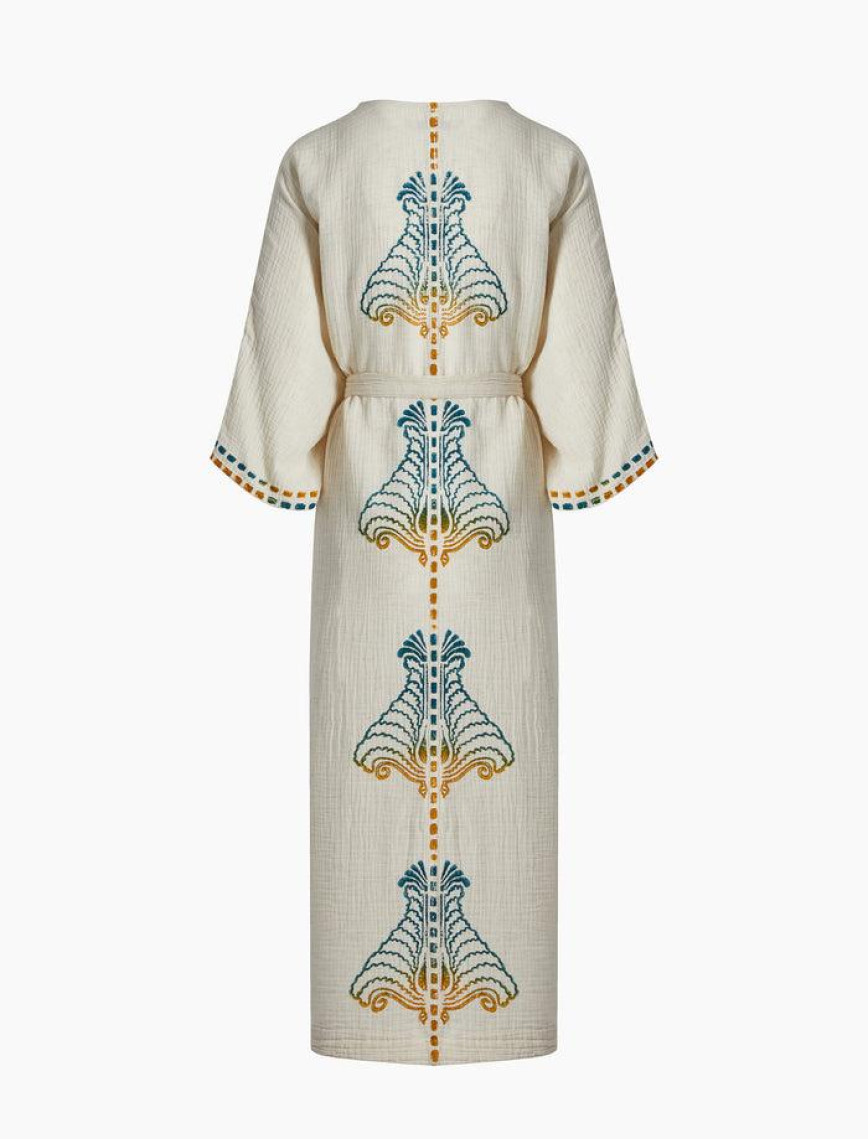 İKİKIZ Crinkle Linen Renkli Baskılı Kimono Kadın Naturel