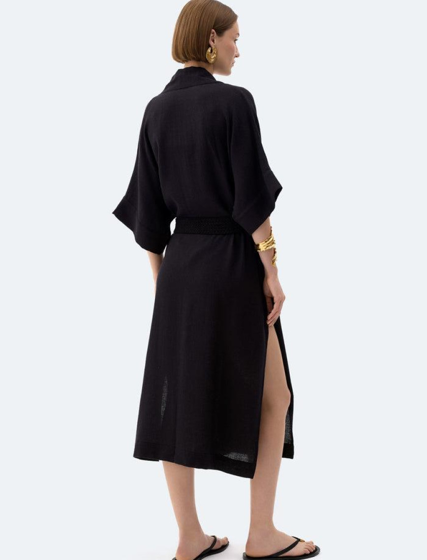 İKİKIZ Siyah Keten Kimono Kadın Renkli İKİKIZ Siyah Keten Kimono Kadın Renkli