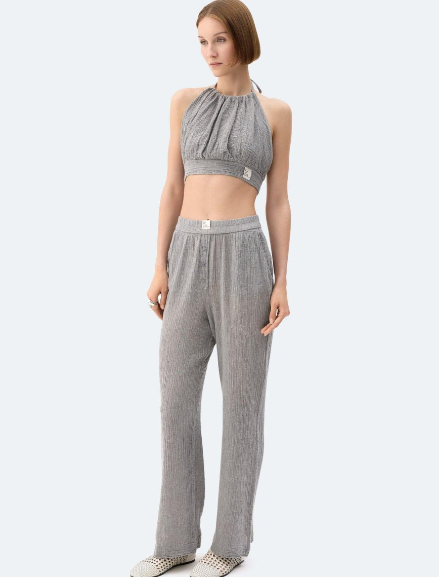 İKİKIZ Gri Crinkle Crop Üst Kadın Gri İKİKIZ Gri Crinkle Crop Üst Kadın Gri