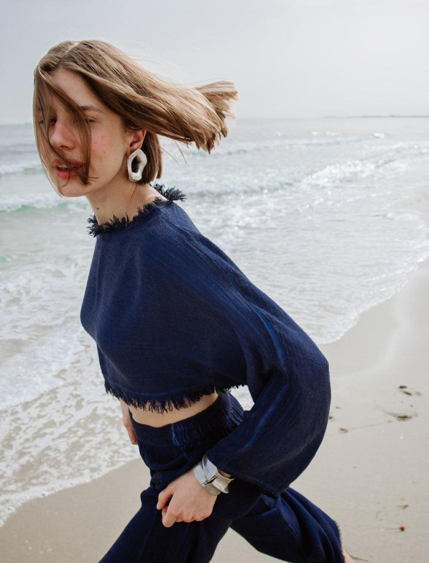 İKİKIZ Keten Navy Crop Bluz Kadın Mavi İKİKIZ Keten Navy Crop Bluz Kadın Mavi