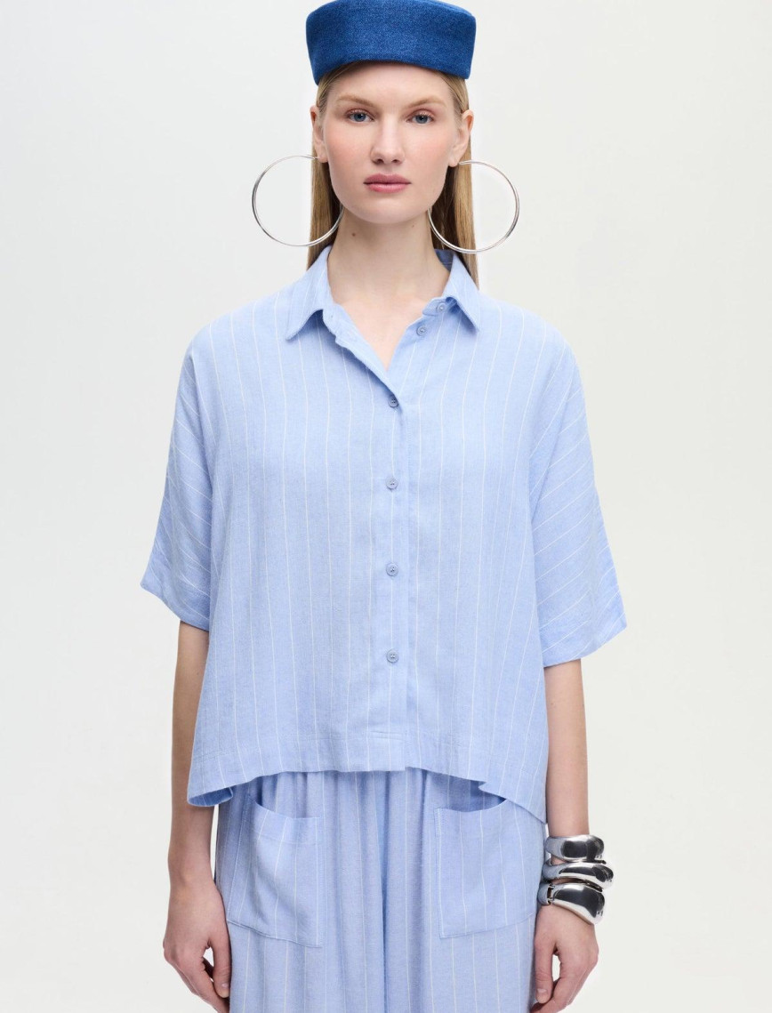 İKİKIZ Keten Karışımlı Çizgili Gömlek Kadın Mavi İKİKIZ Keten Karışımlı Çizgili Gömlek Kadın Mavi