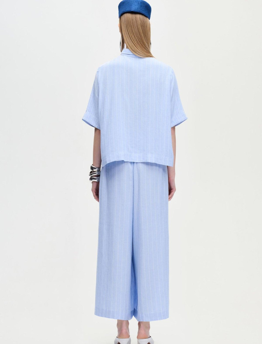 İKİKIZ Keten Karışımlı Çizgili Gömlek Kadın Mavi İKİKIZ Keten Karışımlı Çizgili Gömlek Kadın Mavi