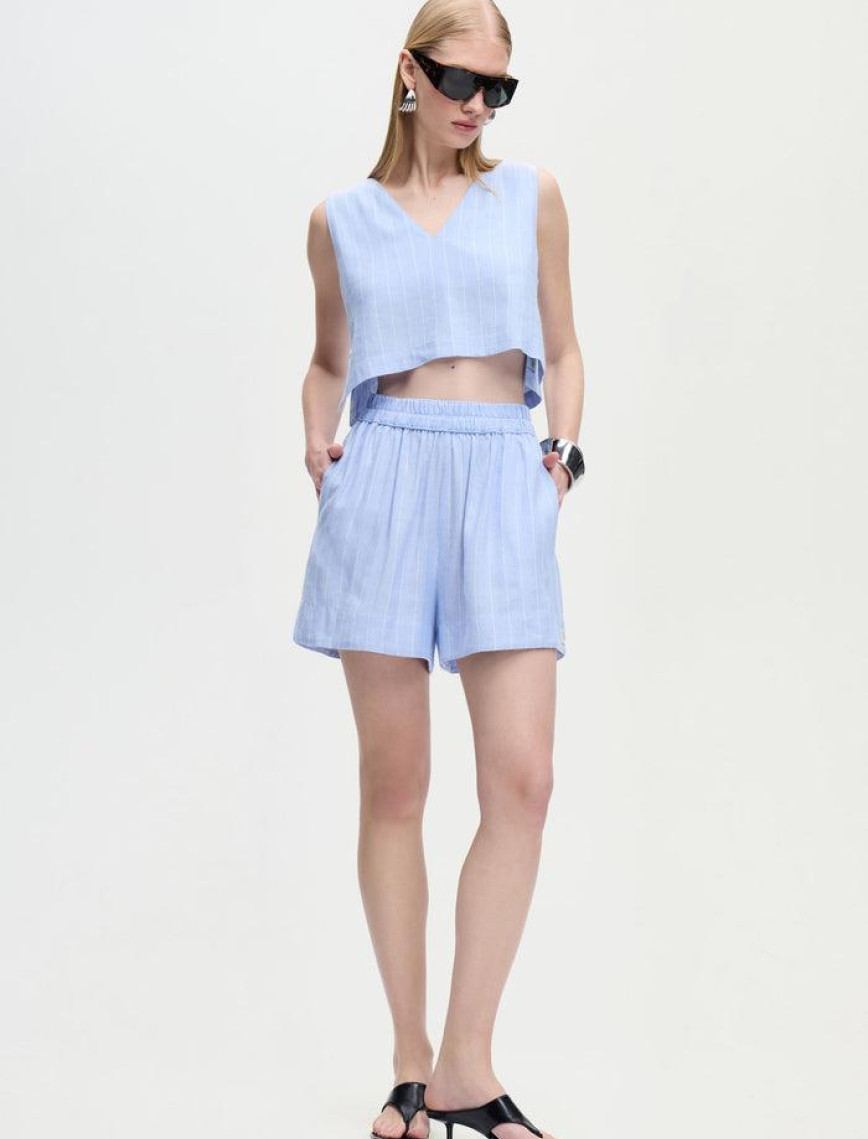 İKİKIZ Keten Karışımlı Çizgili Şort Kadın Mavi İKİKIZ Keten Karışımlı Çizgili Şort Kadın Mavi