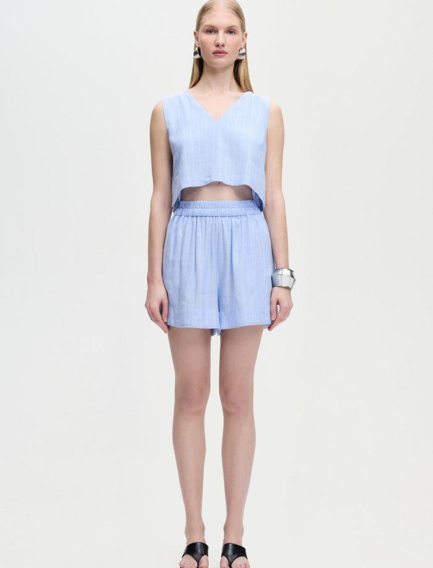 İKİKIZ Keten Karışımlı Çizgili Şort Kadın Mavi İKİKIZ Keten Karışımlı Çizgili Şort Kadın Mavi