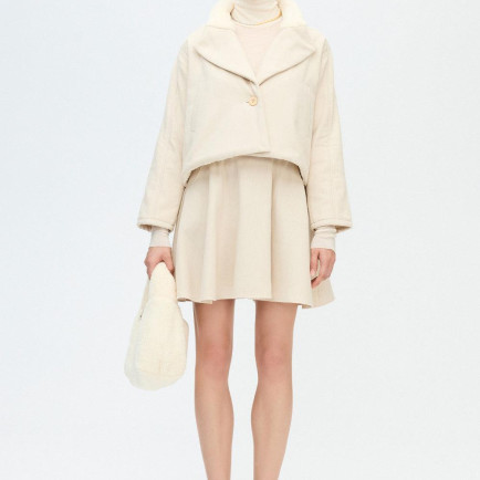 İKİKIZ Balıksırtı Yakası Kürklü Ceket Kadın Bej