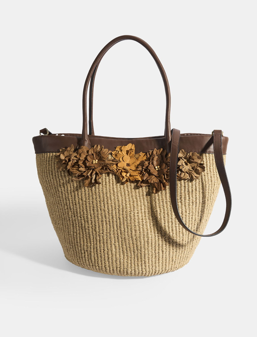 Kadın Kahve Çiçek Detaylı Hasır Omuz Çantası